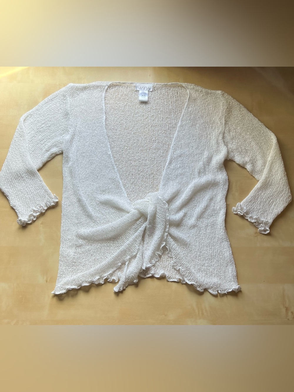 Romantic Ethereal Sheer Knit Tie-Front Cardigan-Boho Mesh Shrug Lettuce Edge - Picture 4 of 9